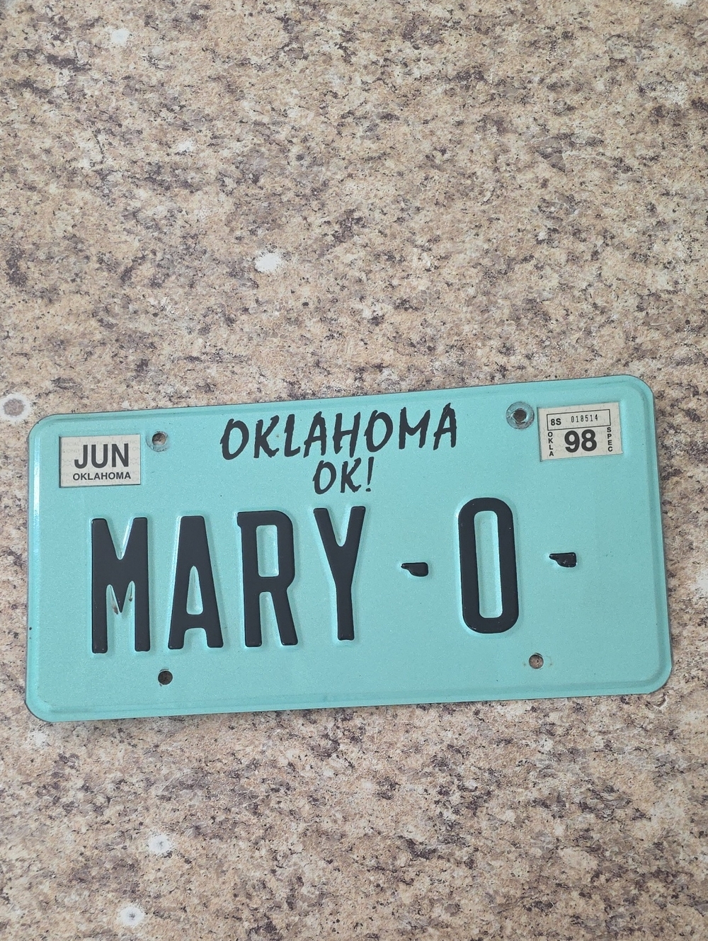 Vintage 1998 Oklahoma Custom Vanity License Plate "MARY-O"
